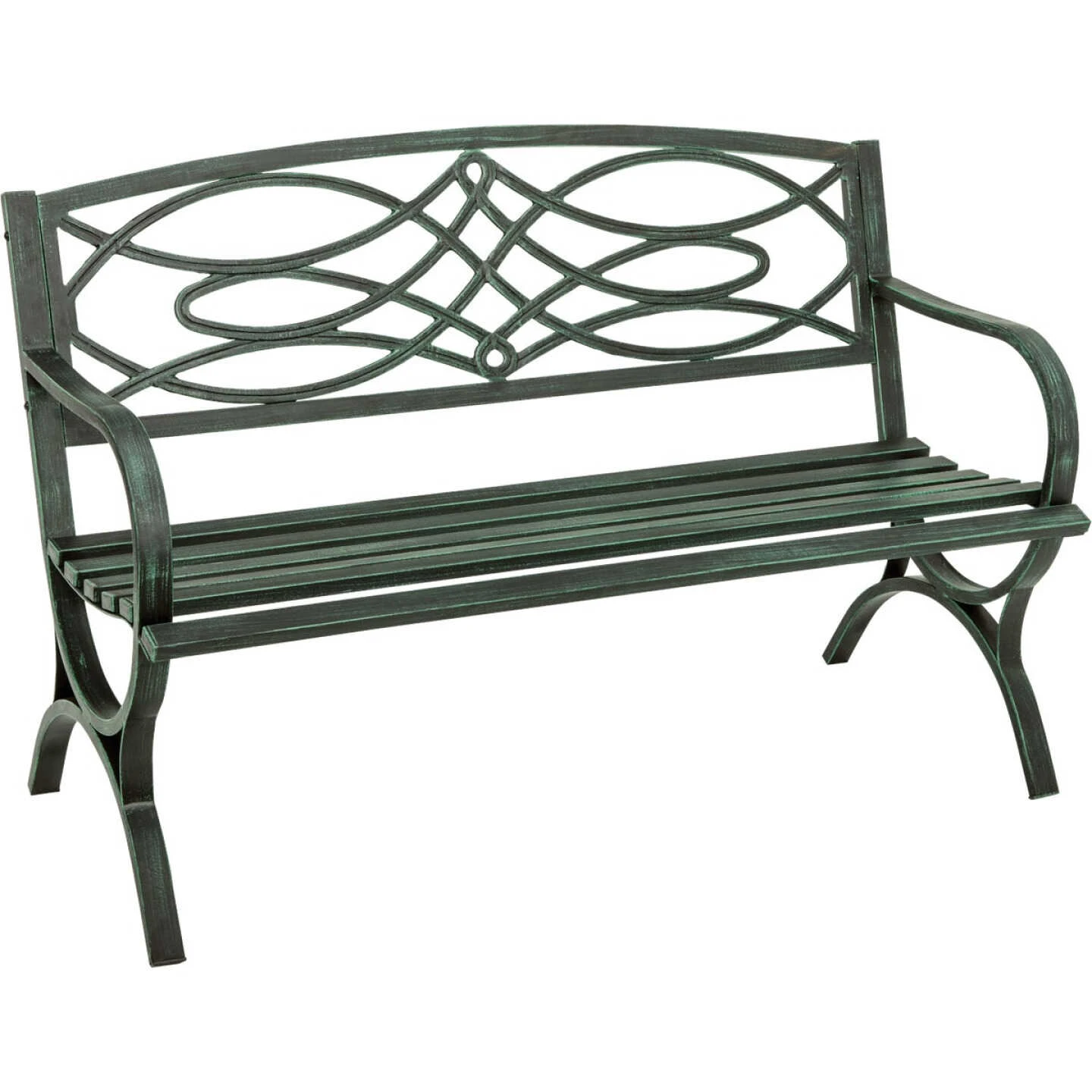 Outdoor Expressions 50.5 In. L. Green Finished Steel Scroll Bench 1 Outdoor Expressions 50.5 In. L. Green Finished Steel Scroll Bench