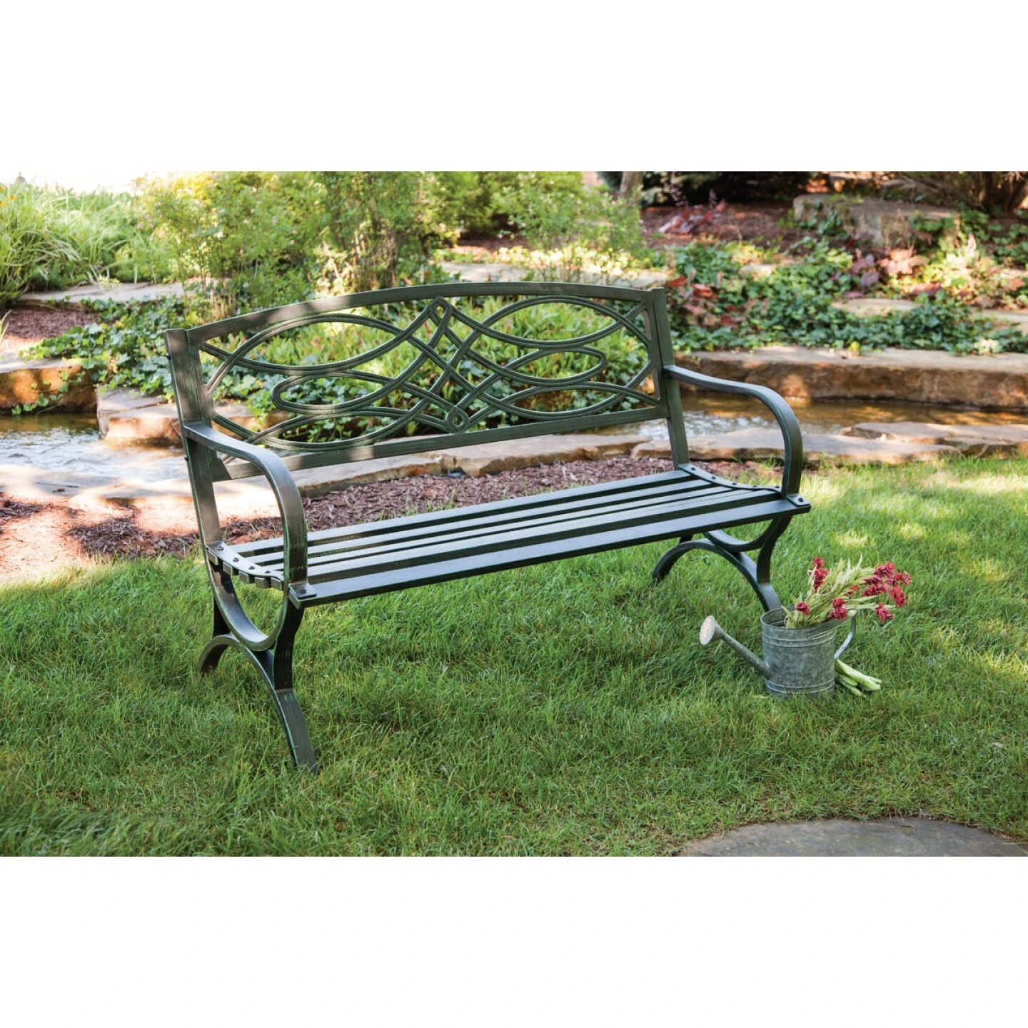 Outdoor Expressions 50.5 In. L. Green Finished Steel Scroll Bench 3 Outdoor Expressions 50.5 In. L. Green Finished Steel Scroll Bench - Image 3