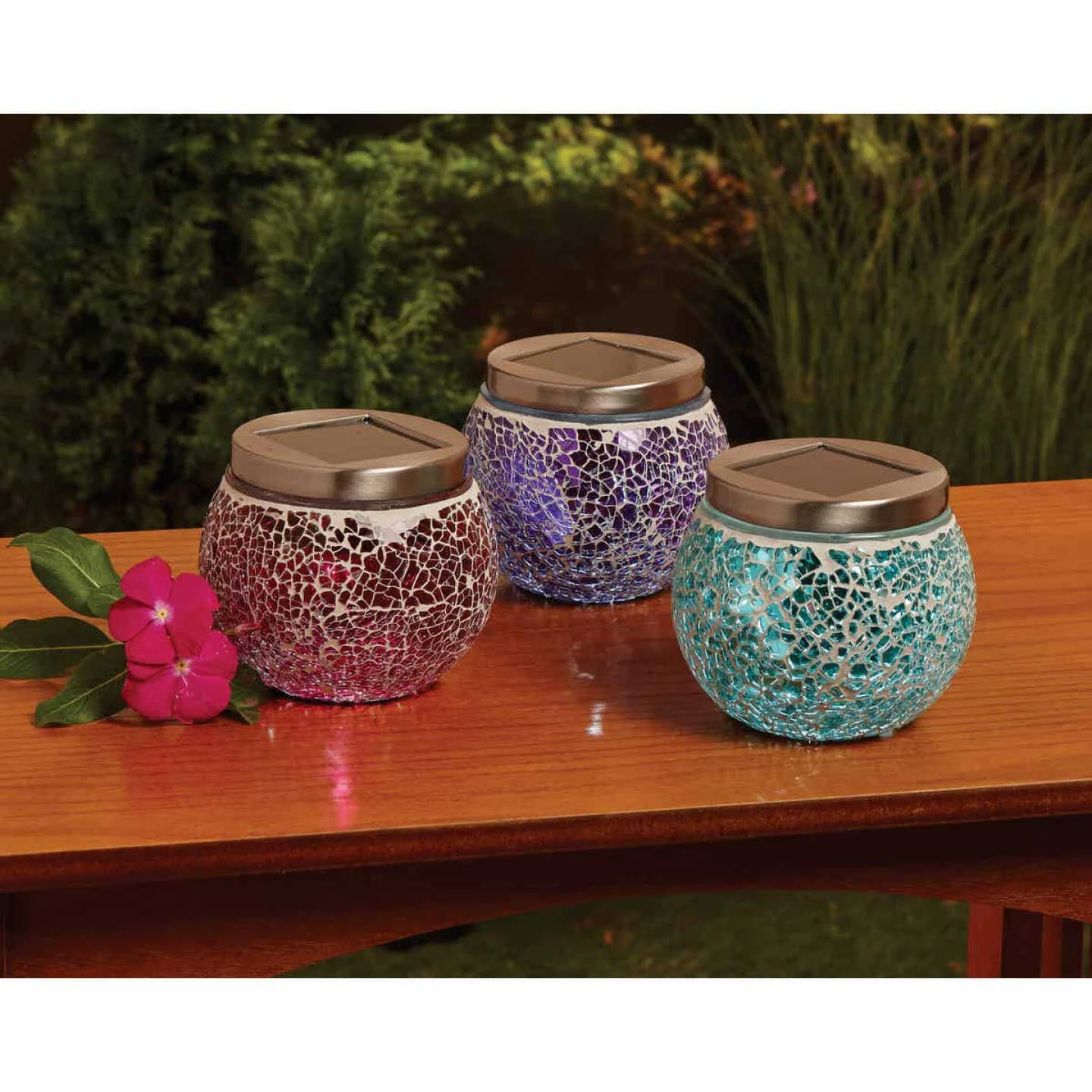 Outdoor Expressions 3.5 In. H. X 3.5 In. Dia. Green, Red, Or Purple Crackled Glass Tabletop Solar Patio Light 2 Outdoor Expressions 3.5 In. H. X 3.5 In. Dia. Green, Red, Or Purple Crackled Glass Tabletop Solar Patio Light - Image 2