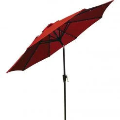 Outdoor Expressions 9 Ft. Aluminum Tilt/Crank Crimson Red Patio Umbrella With Solar LED Lights